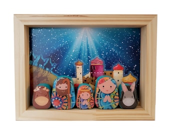 Modern Nativity in Box, Very Colorful Holy Family, Original christmas gift, Nativity small spaces, Nativity Scene for wall decoration