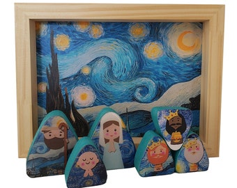 Van Gogh Starry Night Nativity Scene, Christmas Decoration, Collectors Starry Night, Handmade Van Gogh Nativity