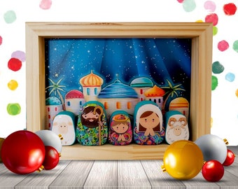 Colorful nativity set, Belén, Joseph, Mary & Jesus, Christmas Nativity Set in Box, Christmas gift for mother, Little nativity