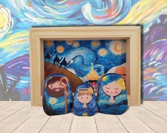 Holy Starry Night, Russian Matryoshka Dolls Inspired Nativity Set Themed from 'The Starry Night' by Vincent van Gogh, Traditional Folk Art