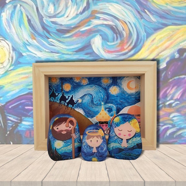 Sainte nuit étoilée, poupées russes Matryoshka inspirées de la crèche sur le thème de « La nuit étoilée » de Vincent van Gogh, art populaire traditionnel