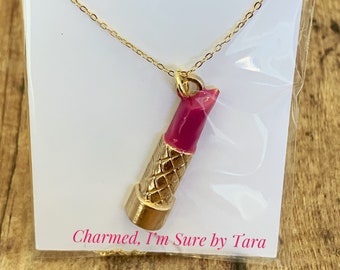 Lipstick charm necklace/ gold plated chain/ enamel charm