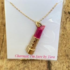 Lipstick charm necklace/ gold plated chain/ enamel charm