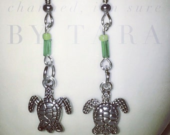 Turtle dangle charm earrings with glass beads/ stainless steel/ hypoallergenic