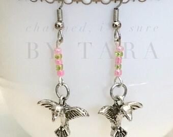 Hummingbird dangle charm earrings with glass beads/ stainless steel/ hypoallergenic / drop earrings