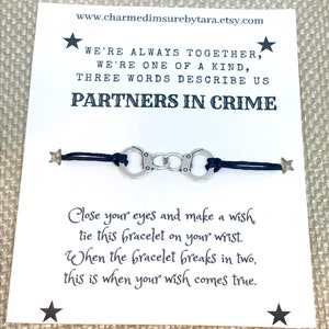 Partners in Crime handcuff charm wish bracelet / waxed cord bracelet / best friends