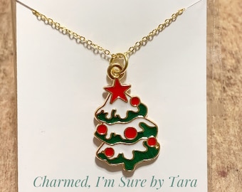 Christmas tree enamel charm necklace/ gold tone