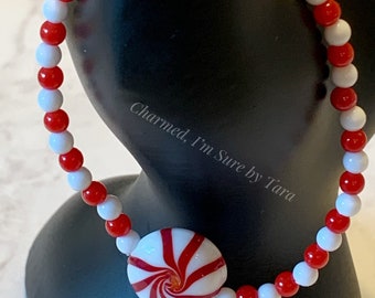 Peppermint candy beaded bracelet/ Christmas