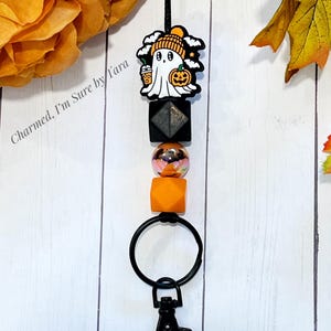 Lanyard, Cute Ghost with Coffee  Beaded Lanyard, Teacher Lanyard, Nurse, School, Name Badge Holder, Breakaway Lanyard
