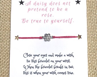 Daisy charm wish bracelet/ waxed cord bracelet/ inspirational jewelry / friendship bracelet