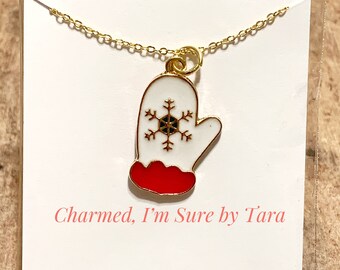 Winter mitten enamel charm necklace/ Christmas jewelry/ gold tone