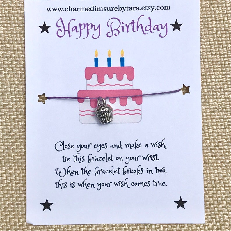 Happy Birthday cupcake charm wish bracelet waxed cord bracelet birthday gift