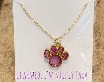 Paw print charm necklace/ gold plated chain/ enamel charm