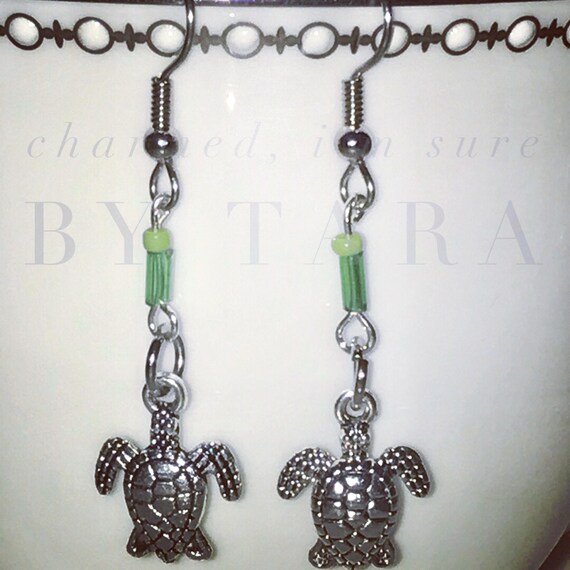 Turtle Dangle Charm Earrings With Glass Beads/ Stainless Steel