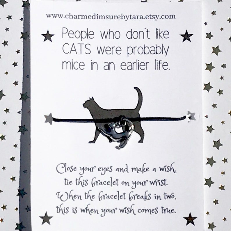 Cat charm wish bracelet waxed cord cat lover jewelry