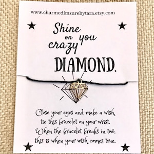 Shine on you crazy diamond charm wish bracelet/ waxed cord bracelet/ inspirational jewelry / gift / gold tone