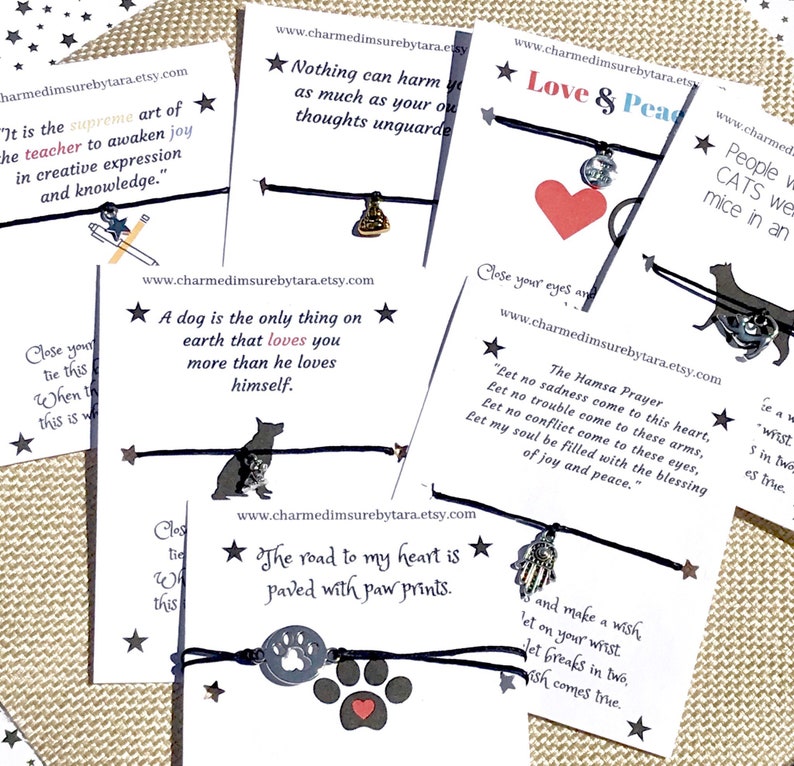 Cat charm wish bracelet waxed cord cat lover jewelry