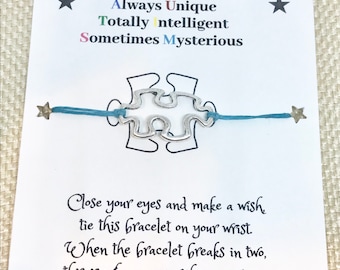 Autism awareness puzzle piece charm wish bracelet/ waxed cord bracelet/ inspirational jewelry