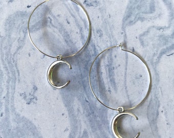 Silver moon hoop earrings