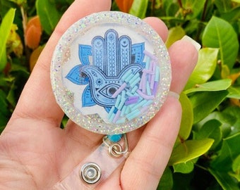Evil Eye Hamsa Shaker Badge Reel, Belt Clip, Nurse Gift