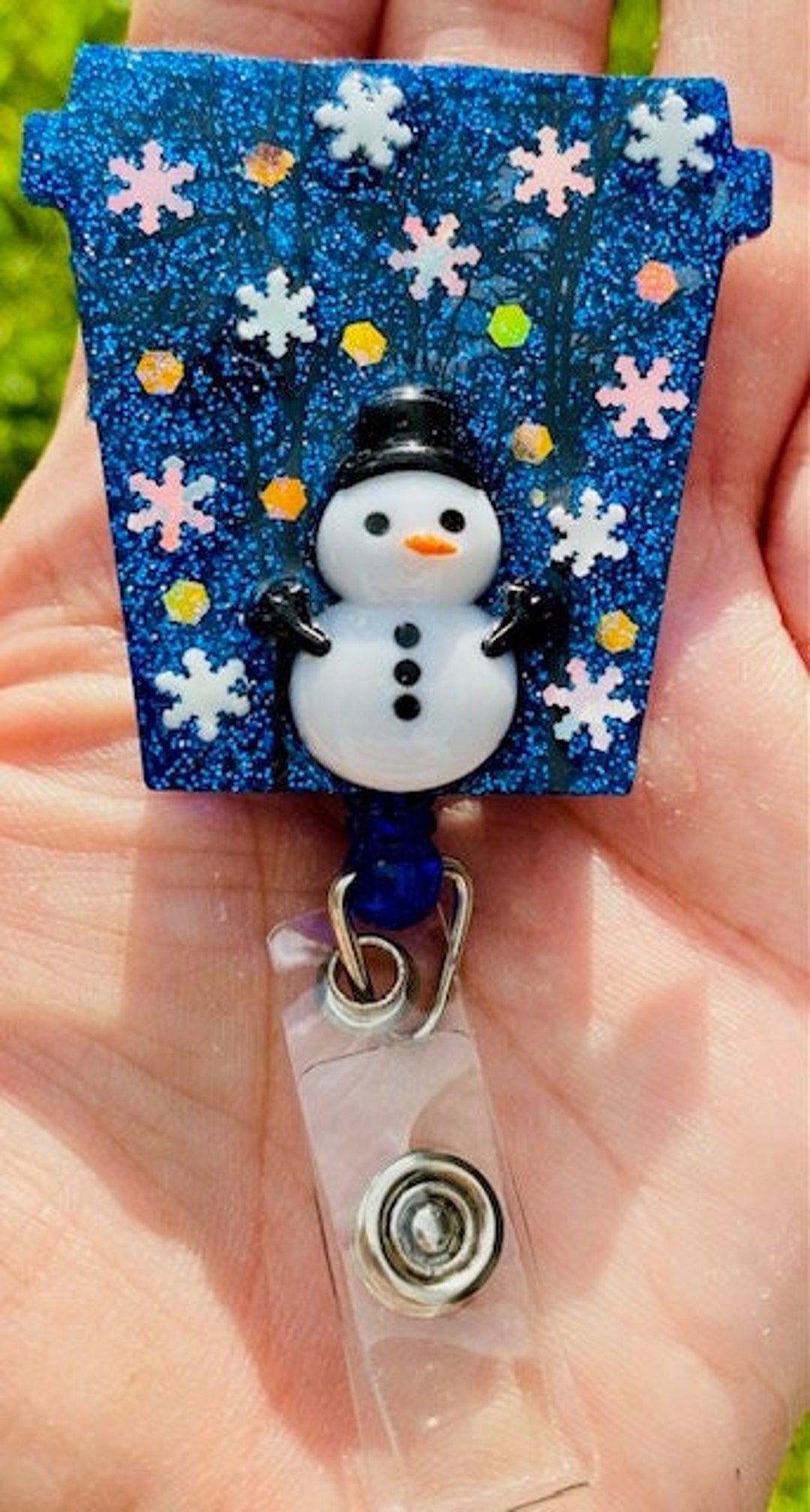 Snowman Coffee Cup Flat Badge Holder, Coffee Beaded Badge Reel, Cute