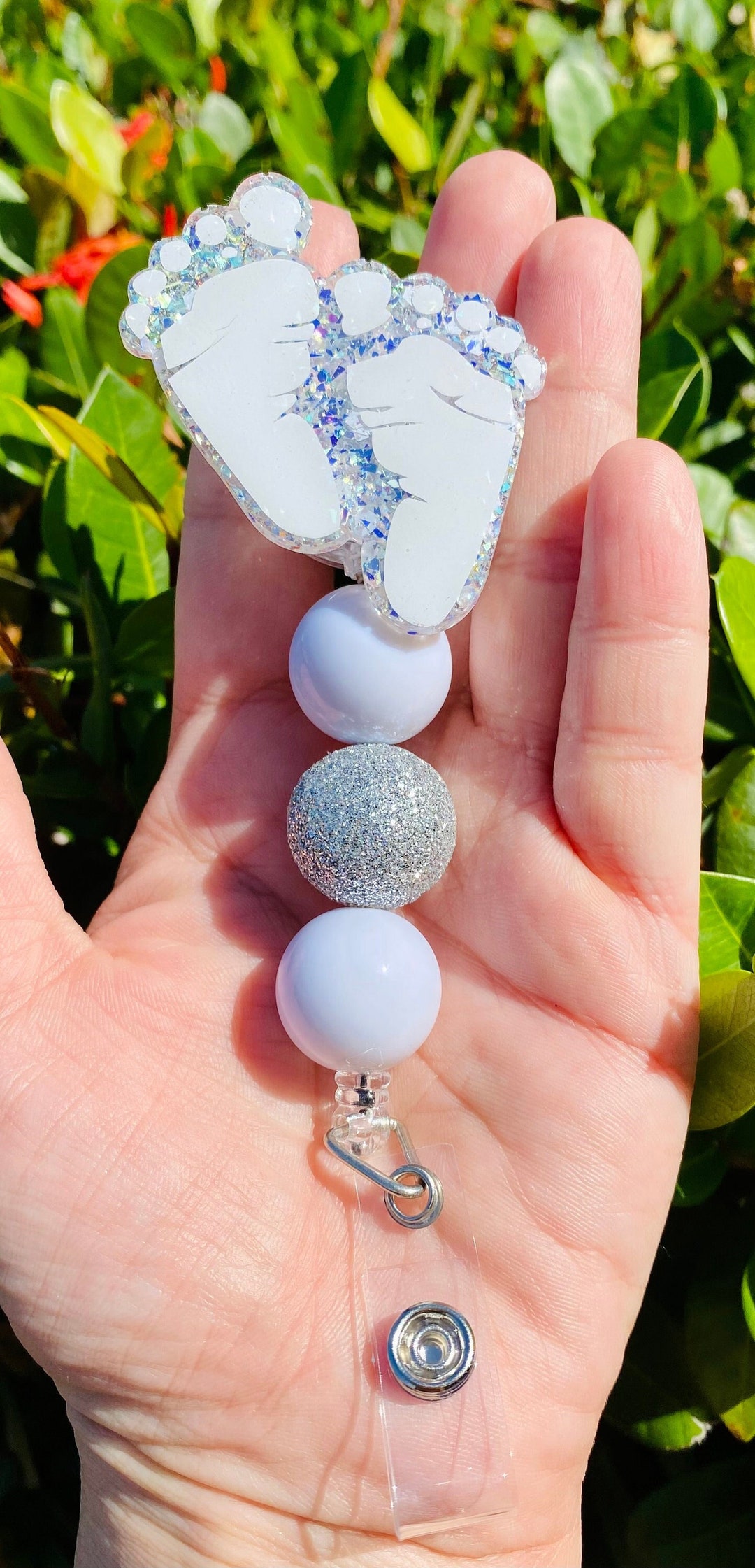 Baby Footprint Beaded Retractable Badge Reel, Baby Badge Holder