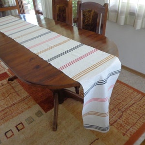 Long Vintage striped linen table runner, table topper, table dressing. Hand woven. Table linen. Retro textile