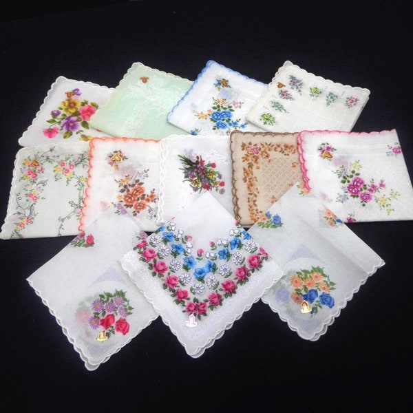 Set of 12 ladies cotton handkerchiefs. Floral handkerchiefs. Handkerchiefs with label