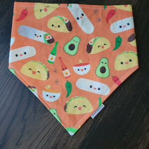Tex mex taco burrito nacho avocado reversible dog bandana with snap buttons