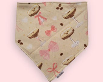 Tini Time Espresso Martini Drinks Pink Bows Coffee reversible dog bandana with snap buttons