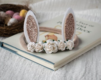 Easter Bunny Headband White with Rose Gold Ears, Baby Flower Hairband