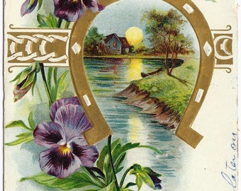 1907 Old Vintage Postcard, Pansies, Horseshoe, Lake, 1c Stamp