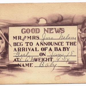Ancienne carte postale Vintage, annonce de bébé, bébé, c 1 timbre
