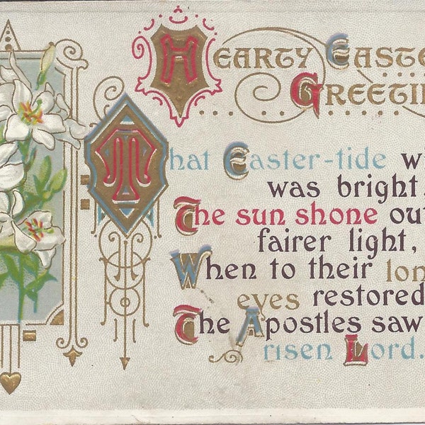 Old Vintage Easter Postcard, Religious, Poem, Flowers, Lilies