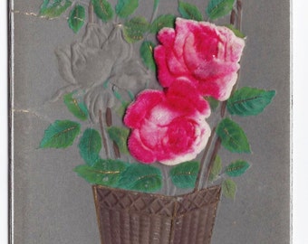 Old Vintage Used Postcard, Collectible, Paper Ephemera, Raised Roses, 2c Stamp