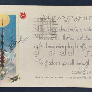 Carte postale de vœux du Nouvel An vintage, 1937, Timbre d’un cent, Poinsettias, Hiver, Oiseaux, Verset
