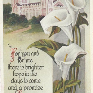 Cartão postal antigo de Páscoa vintage de 1916, religioso, flores, lírios, primavera, selo 1c US, Seattle, Washington