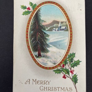 Vieille carte postale de vœux de Noël gaufrée vintage - 1917, timbre 2c, hiver, neige, houx