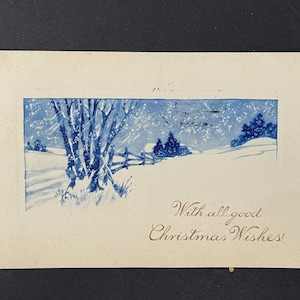 Antigo cartão postal de saudação de Natal vintage 1915, selo de um centavo - inverno, neve, azul