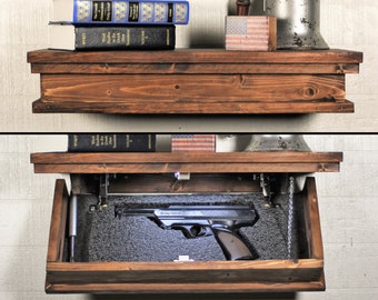 Floating Shelf With Hidden Gun Storage and Personalized Key, 23 Inch Shelf  With Hidden Compartment, Rustic Gun Concealment Furniture 