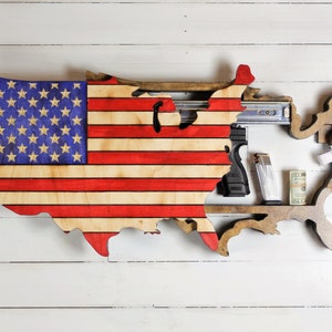 Wooden American Flag shaped like United States map Wall Art with Hidden Gun Concealment compartment, Concealment Flag gun case