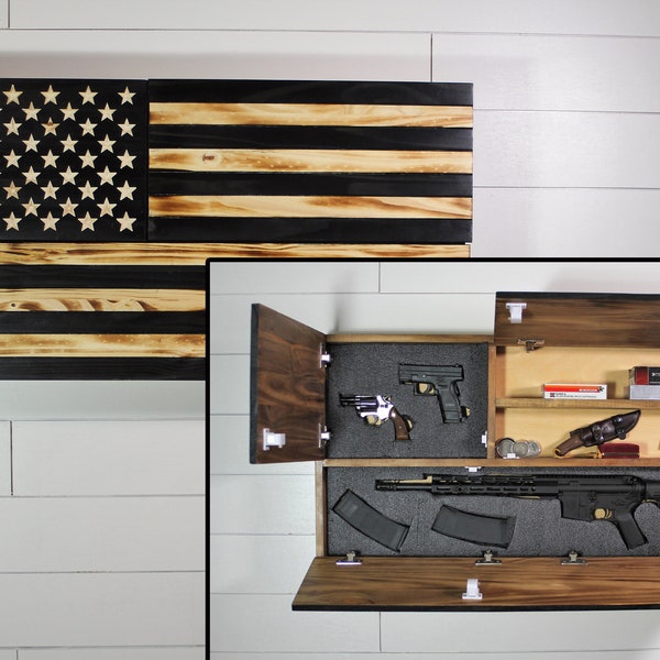 XL Wood black and burnt American flag with 3 concealment compartments. rustic subdued Hidden Storage furniture fits AR 15 and more