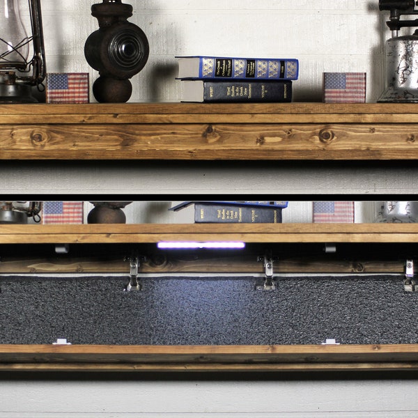 Rustic Floating Shelf with Hidden Compartment and Personalized Key 47 Inch Gun Concealment Furniture  Hidden Gun Storage  Hidden Jewelry Box