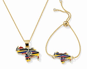 Venezuela Map Necklace and Bracelet Set, Venezuelan Jewelry, Gold Tone Patriotic Gift for Venezuelan Women, Venezuela Jewelry- venezuela -