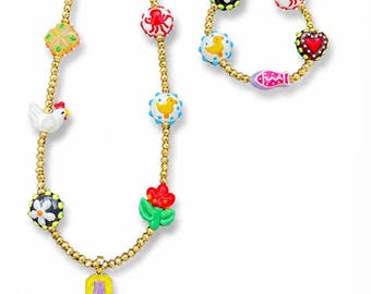 Handmade Murano Lampwork Necklace & Bracelet Set, Unique Detail Jewelry, Colorful Artisan Glass Beads, One of a Kind Statement Jewelry