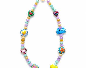 Cute Beaded Charm Necklace, Colorful Kawaii Necklace, Handmade cute Jewelry, Summer Fun Necklace, Duck Heart Flower Necklace, Pastel Bead
