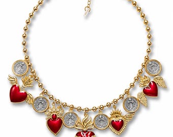 Sacred Heart & St. Benedict Charm Necklace |Gold Beaded Necklace | Catholic Jewelry | Reversible Saint Benedict Medals | religious necklace