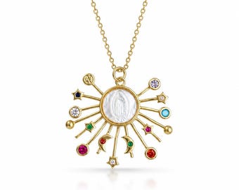 Minimalist Virgin of Guadalupe Necklace, Hand Carved Mother of Pearl Pendant, Gold Religious Jewelry, Catholic Gift for Her-mother of pearl