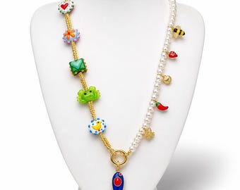 Murano Lampwork Glass Necklace, Freshwater Pearl Charm Necklace, Gold Fish Pendant, Handmade Statement Jewelry, Italian Murano Gift for Her