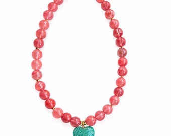 Natural Gemstone Necklace with Hand-Carved Turquoise Heart Pendant, Pink Stone Beaded Necklace, Handmade Jewelry, Statement Necklace- gift